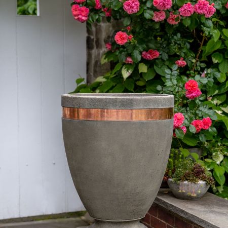 Campania Moderne Planter W Copper Band Shown With 12 Inch Rustic Pedestal Cast Stone