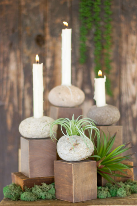 Kalalou River Stone Air Plant or Candle Holder on Wood Base