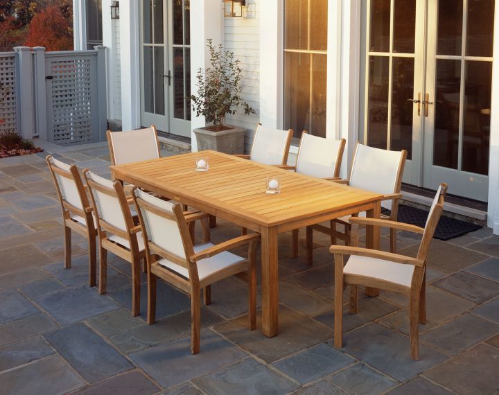Kingsley Bate Wainscott 85 Rectangular Dining Table Shown with St. Tropez Stacking Dining Arm Chairs