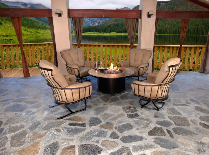 Monterra Swivel Rocker Lounge Chair Shown with Fire Pit and Spring Base Lounge Chair