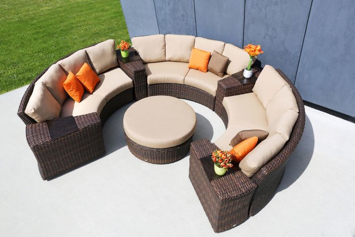 Ratana Portfino Sectional Shown With 3-Wedge Sofas, 4-Wedge End Tables and 1- Round Ottoman