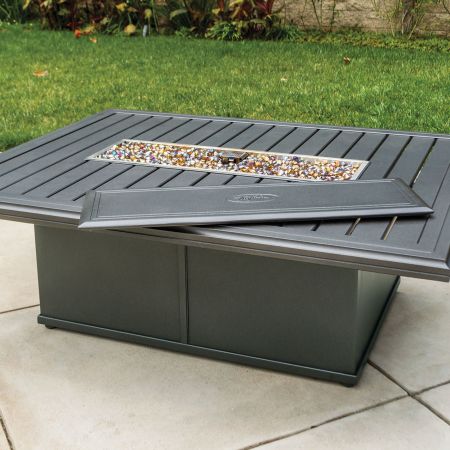 Tropitone Banchetto 54X42 Rectangular Fire Pit Shown With Optional Open Lid On The Patio.
