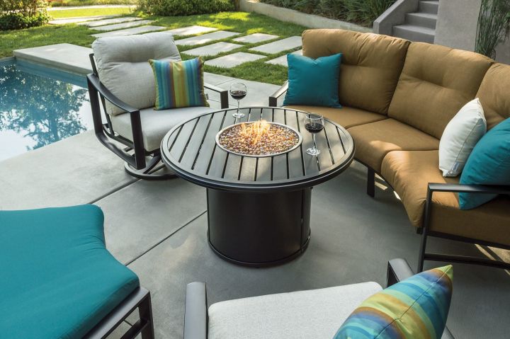 Tropitone Kenzo Cushion Cresent Sofa, Cresent Love Seat, Swivel Action Lounge Chair, and Cresent Ottoman Shown with Banchetto 42 Round Fire Pit-2