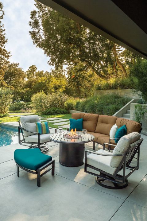 Tropitone Kenzo Cushion Cresent Sofa, Cresent Love Seat, Swivel Action Lounge Chair, and Cresent Ottoman Shown with Banchetto 42 Round Fire Pit
