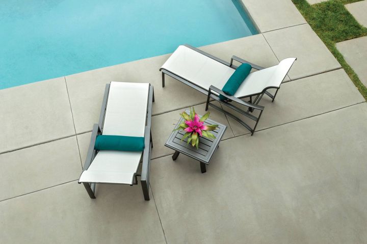 Tropitone Kenzo Sling Chaise Lounges Shown with 24 Square Banchetto End Table- Aerial View