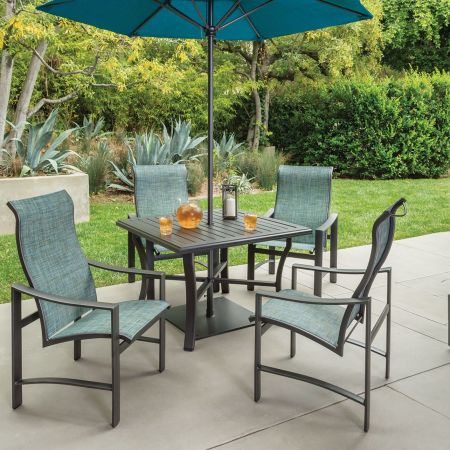 Tropitone Kenzo Sling High Back Dining Chairs Shown with 42 Square Banchetto Dining Table