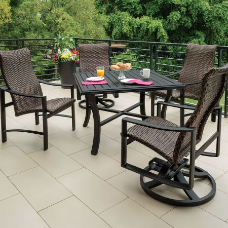 Tropitone Kenzo Woven 5 Piece Dining Set. Shown With Banchetto Square Table.