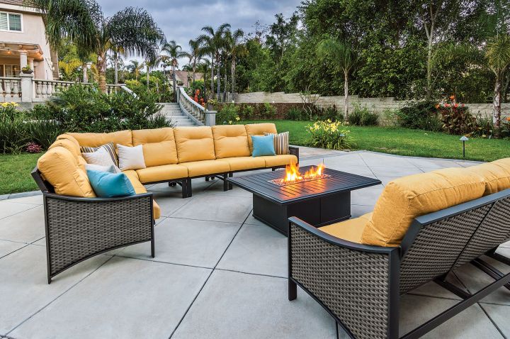 Tropitone Kenzo Woven 6 Piece Sectional Shown With A Banchetto Fire Pit And Woven Kenzo Loveseat